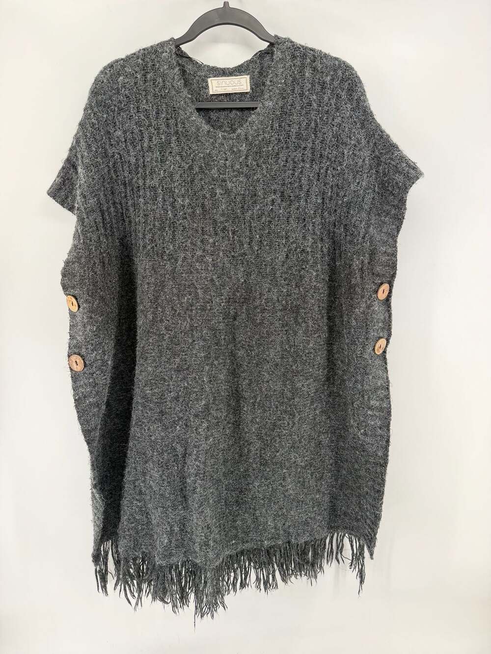Sinuous Gray Fringe Poncho Sweater Large Oversized Boho Cozy Button Sides